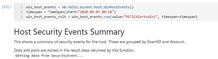Python code cell showing the creation of a notebooklet instance from the WinHostevents notebooklet class. The notebooklet "run" method is called with parameters supplying the name of the host and a time range.